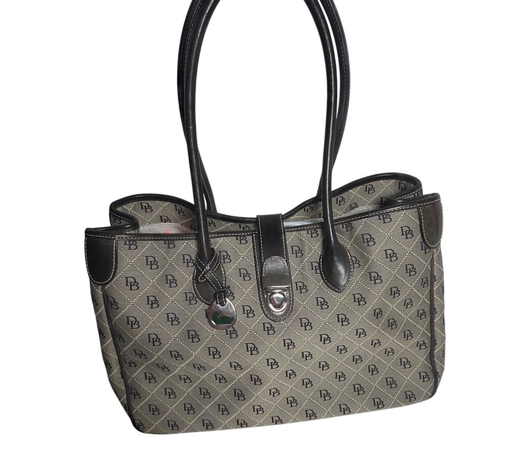 Dooney & Bourke Monogram Canvas Tote Gray Black Leather Purse Preppy Classic Bag